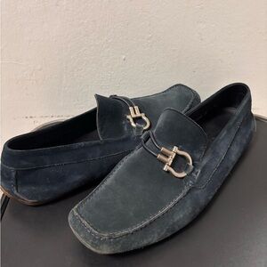 Salvatore Ferragamo Grandioso Navy Blue Nero Pebble Calf Dress Shoes Size 9.5